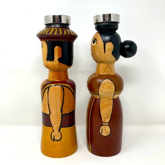 Large folk art wooden hand painted candle sticks - Picture 2 of 8